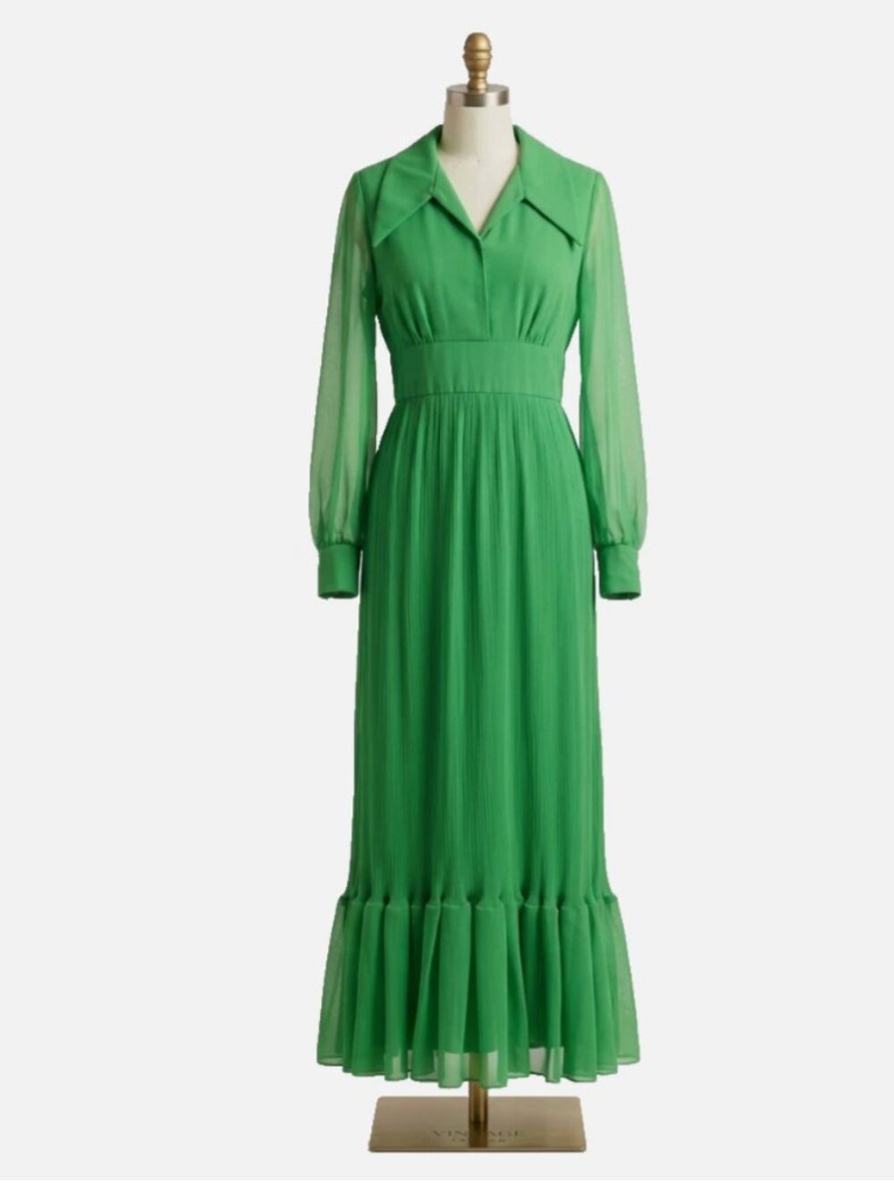 VTG 70s Miss Elliette Green Chiffon Maxi Gown XL Goth Witch Forest Fairy Dress